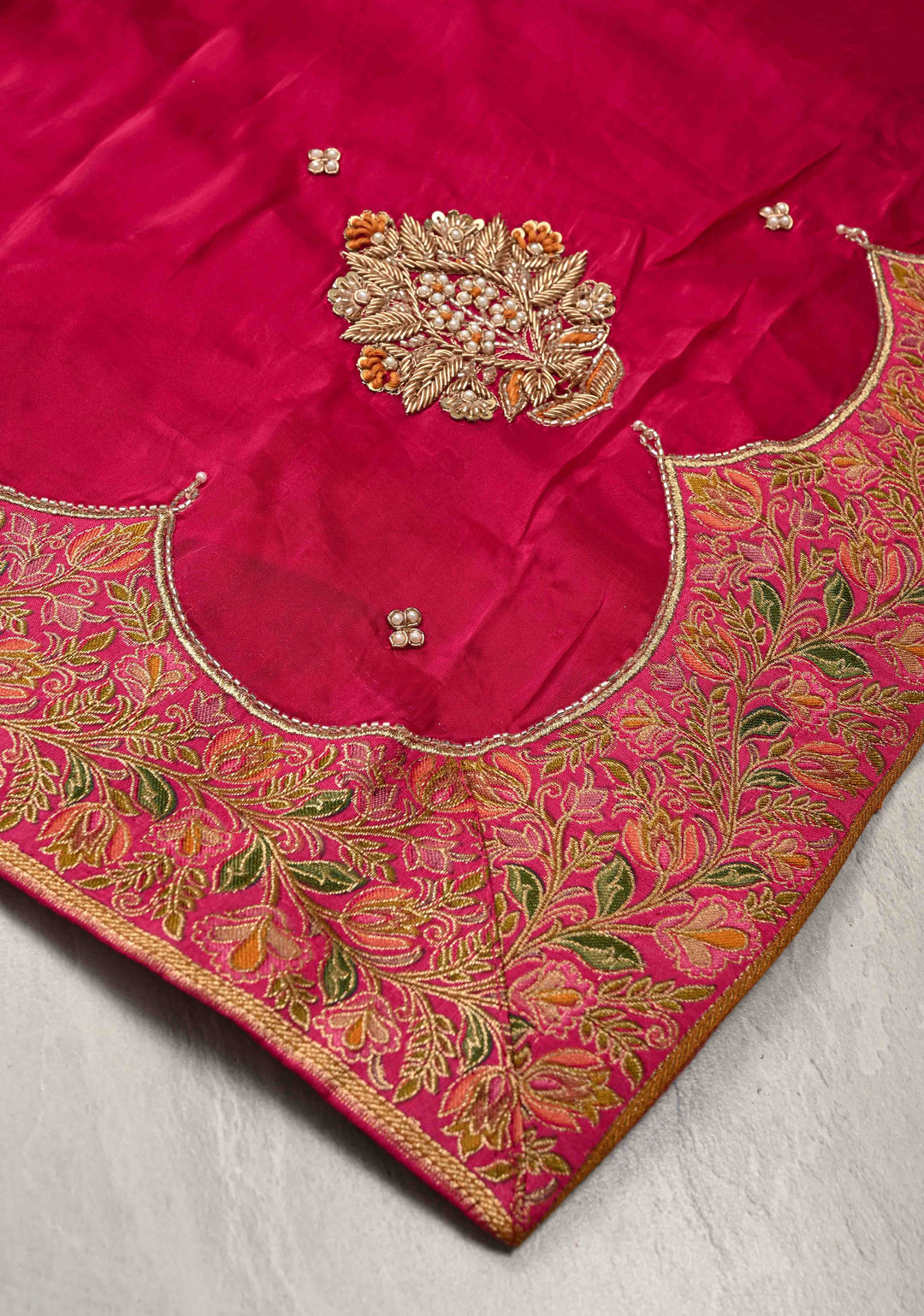 Rani Pink Vegan Silk Habutai Saree with embellishments and Scallop Border