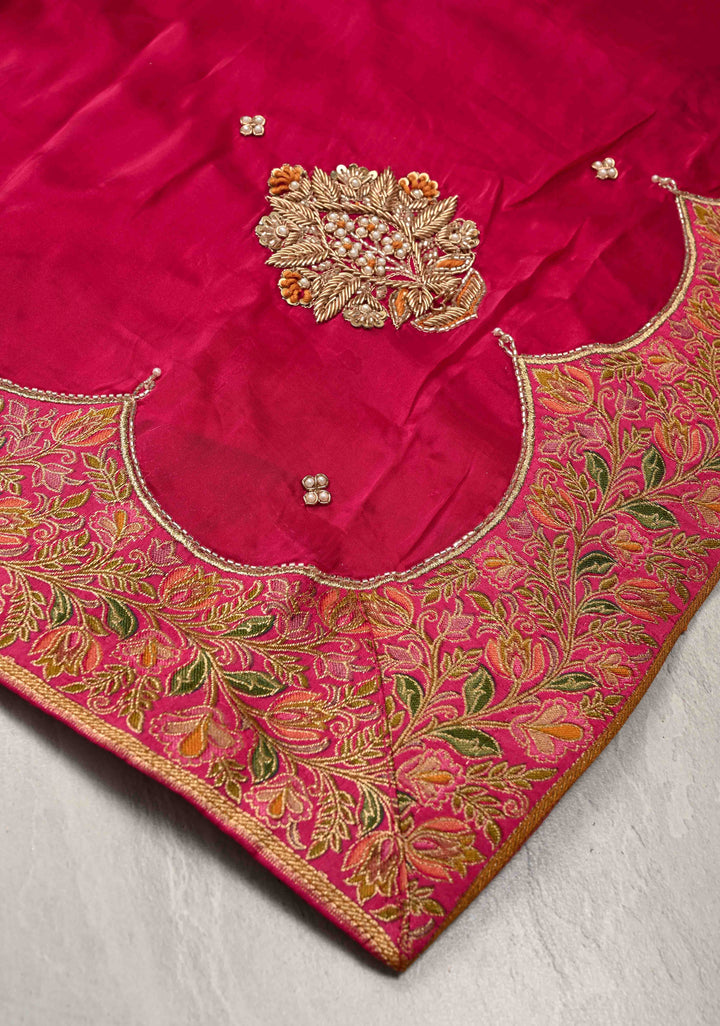 Rani Pink Vegan Silk Habutai Saree with embellishments and Scallop Border