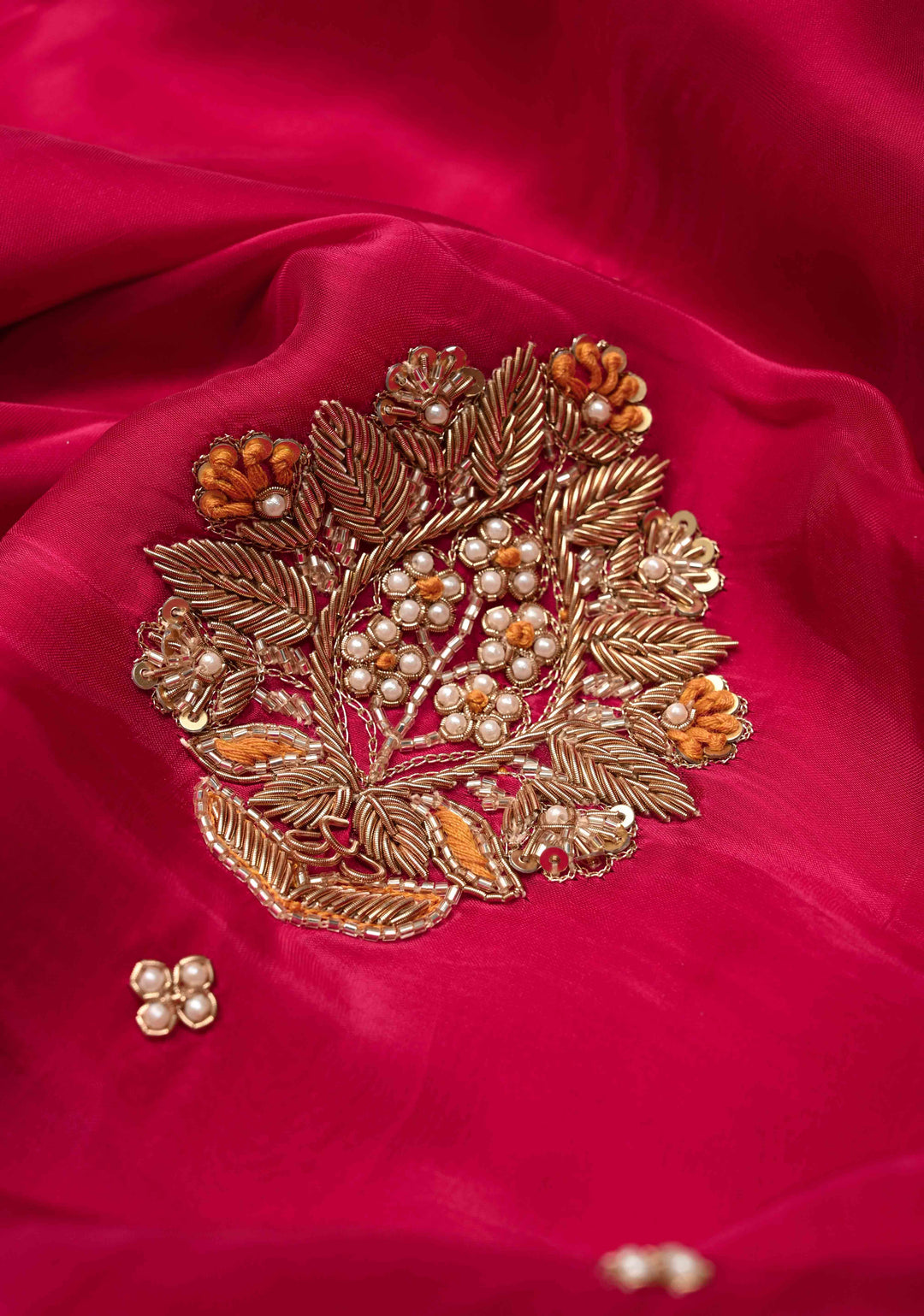 Rani Pink Vegan Silk Habutai Saree with embellishments and Scallop Border