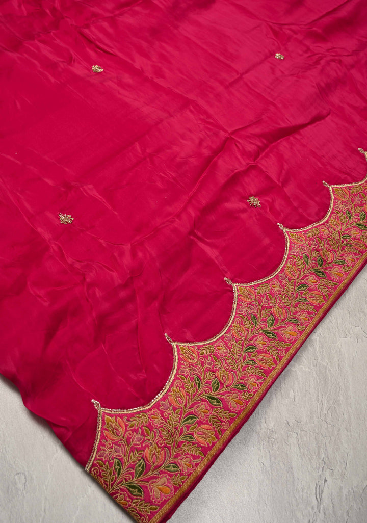 Rani Pink Vegan Silk Habutai Saree with embellishments and Scallop Border | SHOBITAM