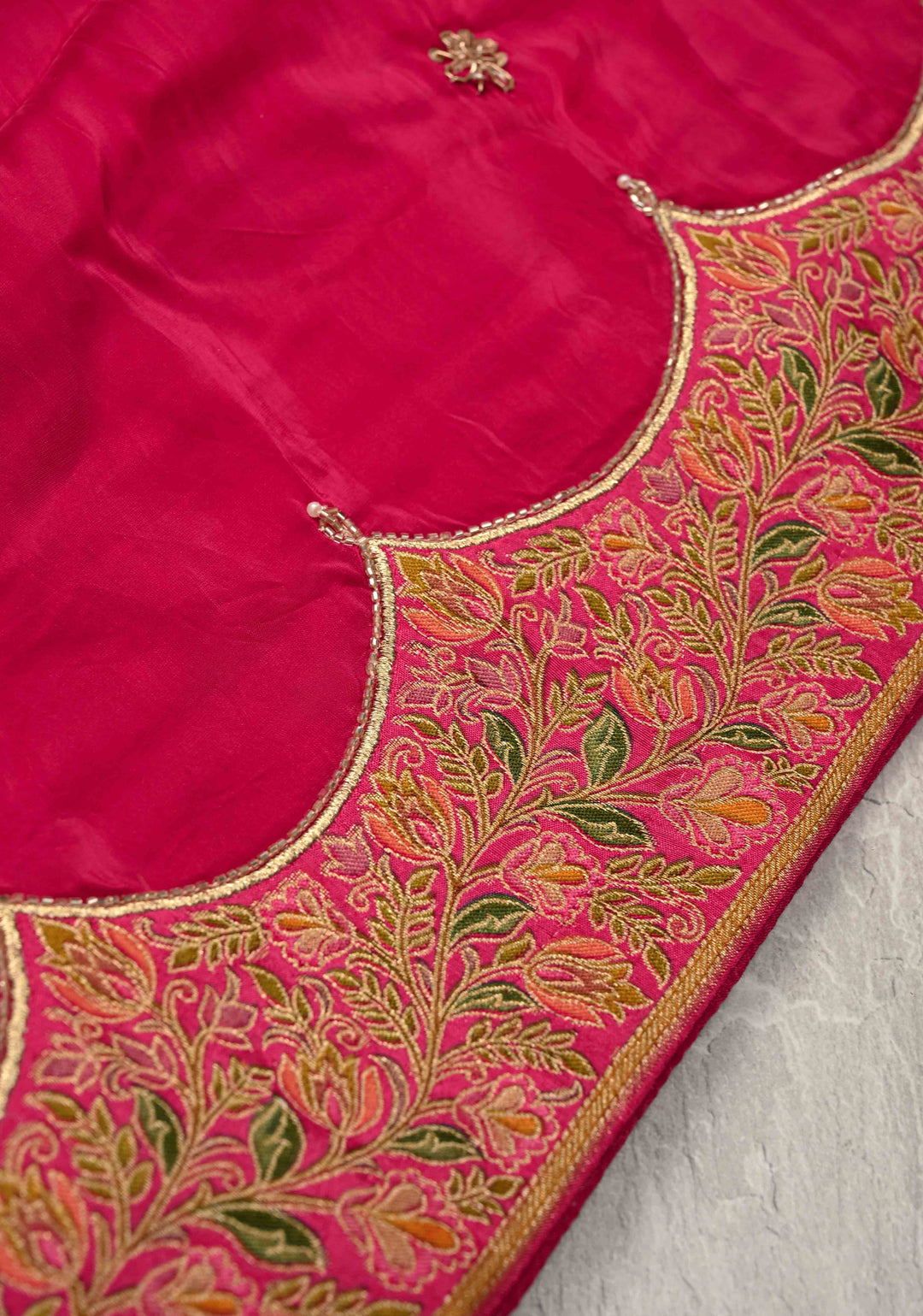 Rani Pink Vegan Silk Habutai Saree with embellishments and Scallop Border | SHOBITAM