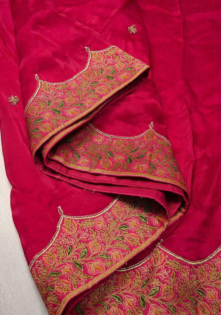 Rani Pink Vegan Silk Habutai Saree with embellishments and Scallop Border