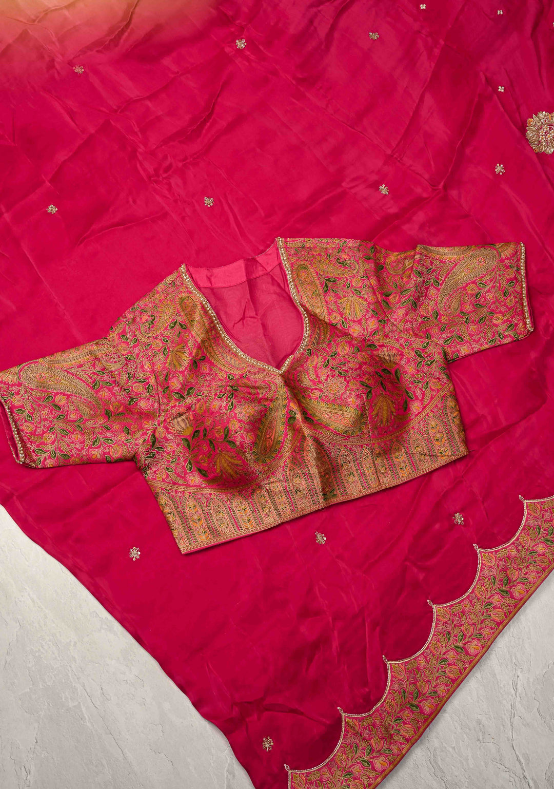Rani Pink Vegan Silk Habutai Saree with embellishments and Scallop Border