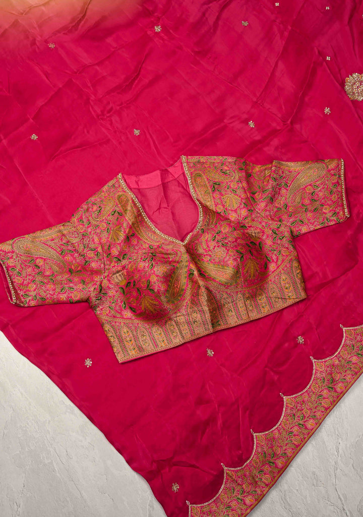 Rani Pink Vegan Silk Habutai Saree with embellishments and Scallop Border