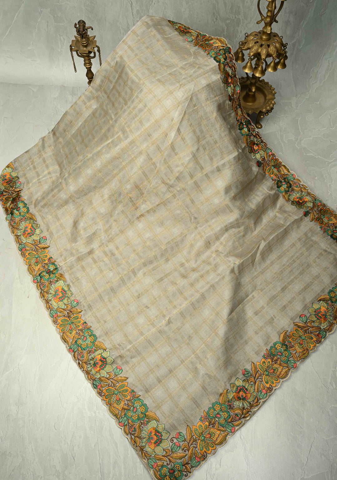 Gray Vegan Organza Tissue Saree with Checks and Multi Color Thread Embroidery Border