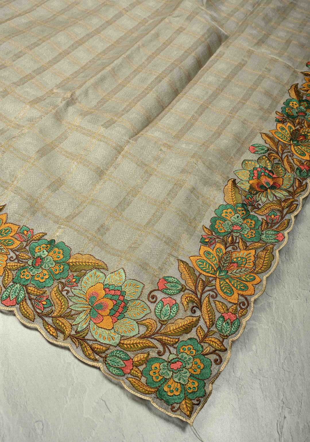 Gray Vegan Organza Tissue Saree with Checks and Multi Color Thread Embroidery Border