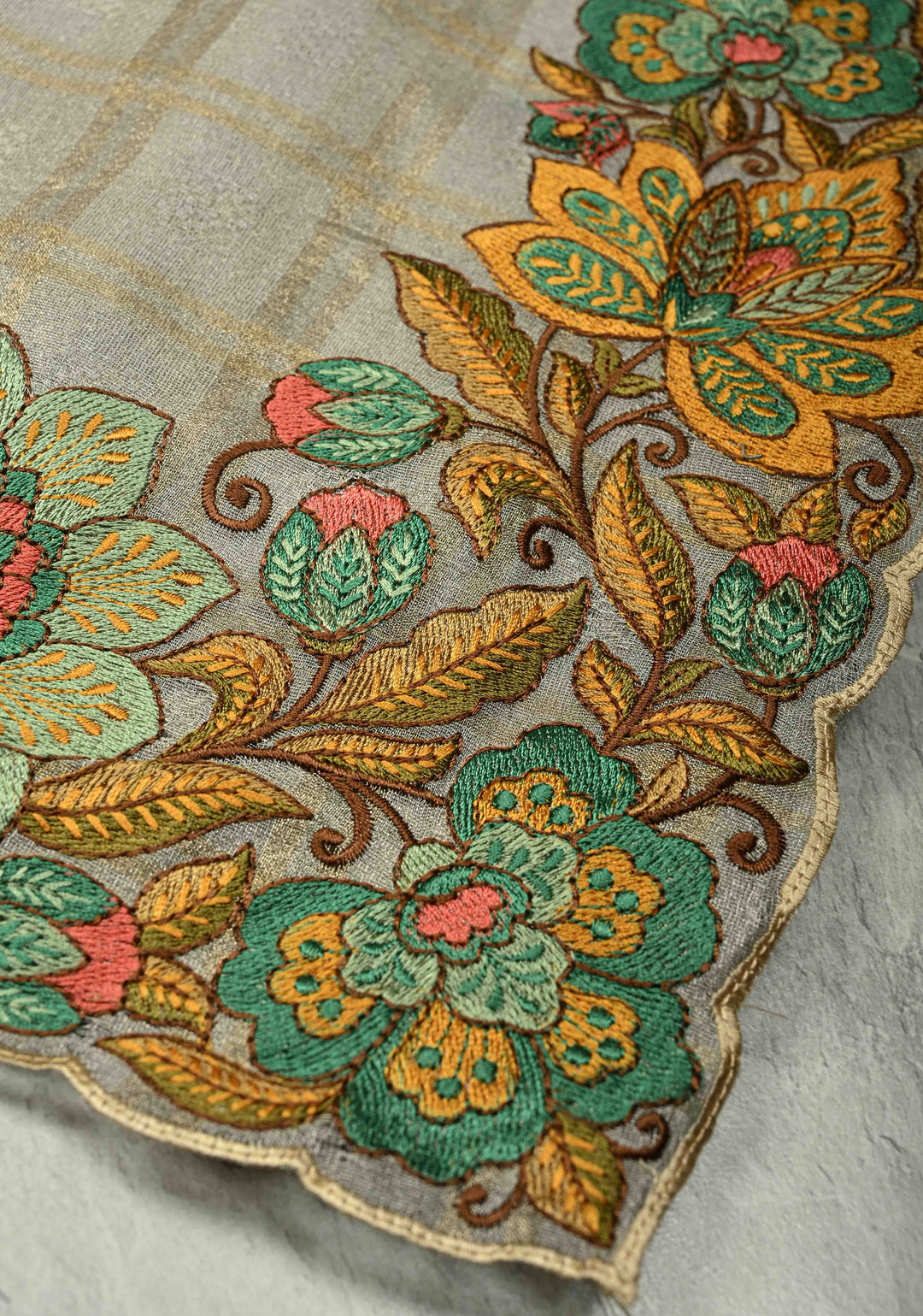 Gray Vegan Organza Tissue Saree with Checks and Multi Color Thread Embroidery Border