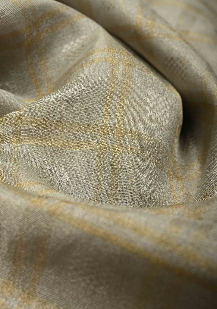Gray Vegan Organza Tissue Saree with Checks and Multi Color Thread Embroidery Border