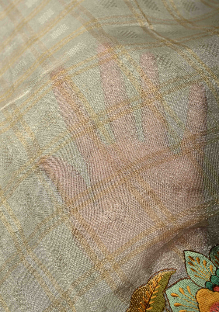 Gray Vegan Organza Tissue Saree with Checks and Multi Color Thread Embroidery Border