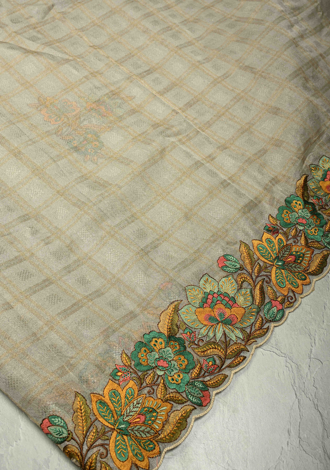 Gray Vegan Organza Tissue Saree with Checks and Multi Color Thread Embroidery Border