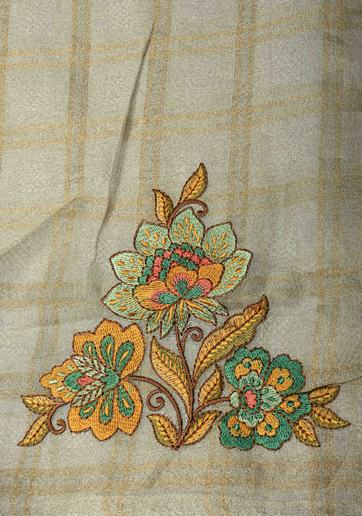 Gray Vegan Organza Tissue Saree with Checks and Multi Color Thread Embroidery Border