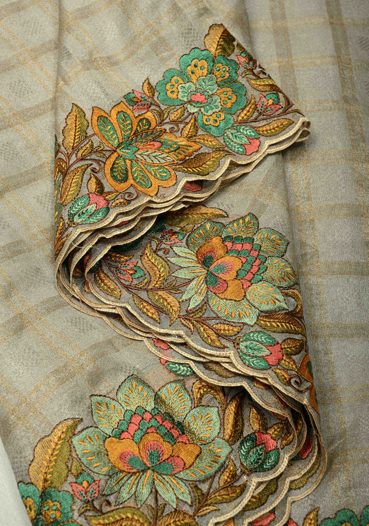 Gray Vegan Organza Tissue Saree with Checks and Multi Color Thread Embroidery Border