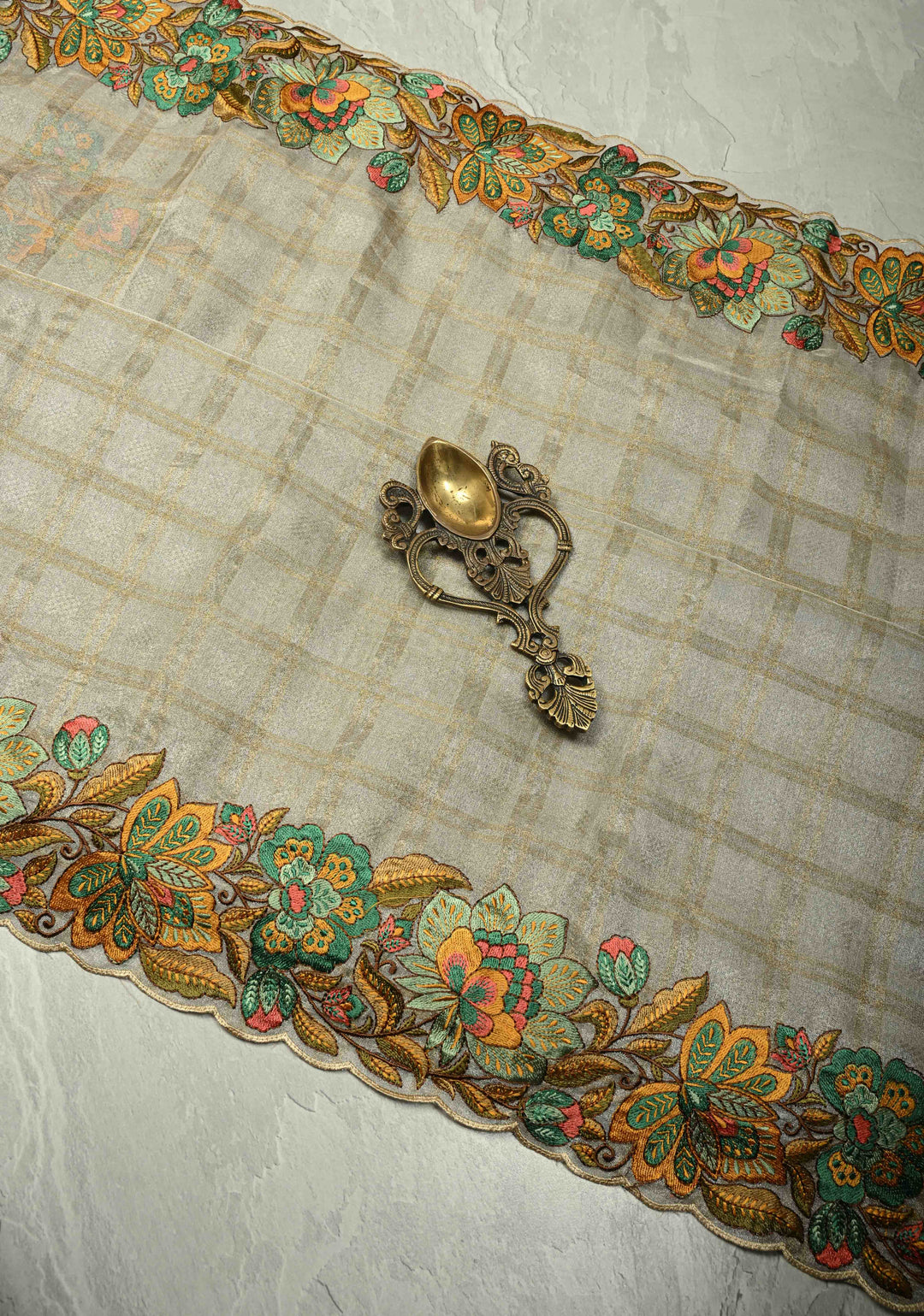 Gray Vegan Organza Tissue Saree with Checks and Multi Color Thread Embroidery Border