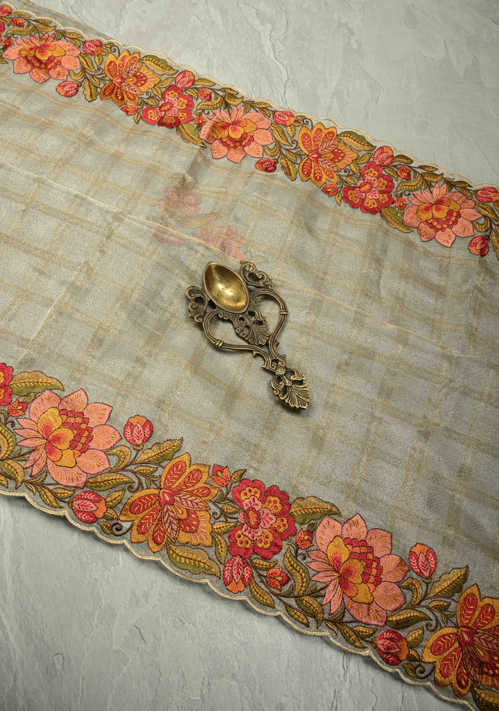 Gray Vegan Organza Tissue Saree with Checks and Multi Color Thread Embroidery Border
