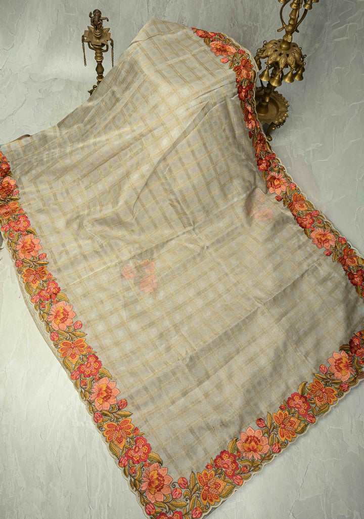 Gray Vegan Organza Tissue Saree with Checks and Multi Color Thread Embroidery Border