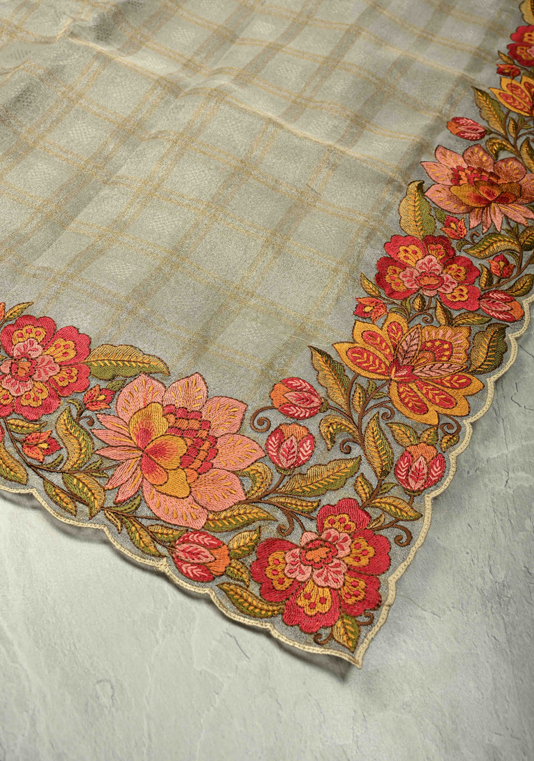 Gray Vegan Organza Tissue Saree with Checks and Multi Color Thread Embroidery Border