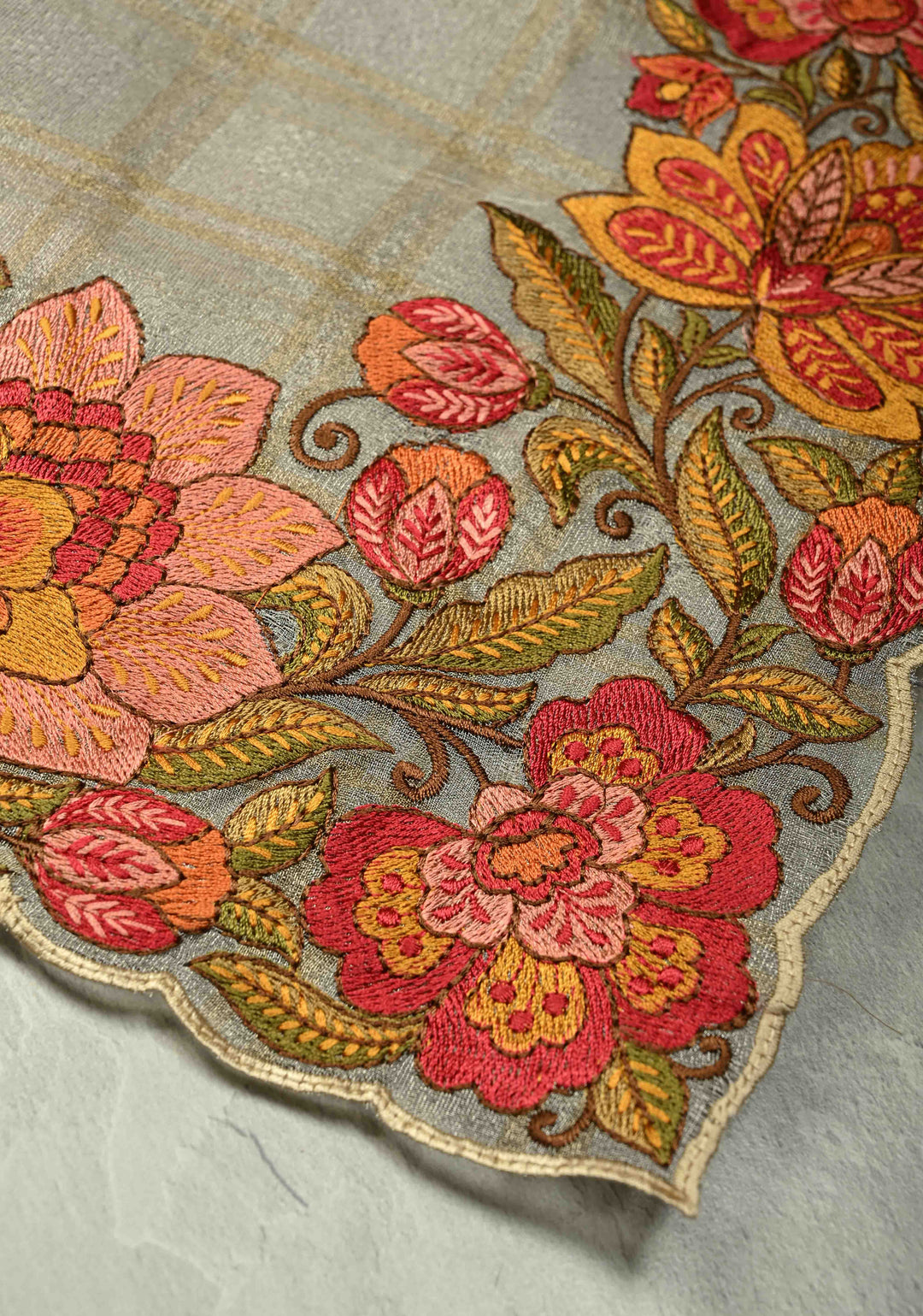 Gray Vegan Organza Tissue Saree with Checks and Multi Color Thread Embroidery Border