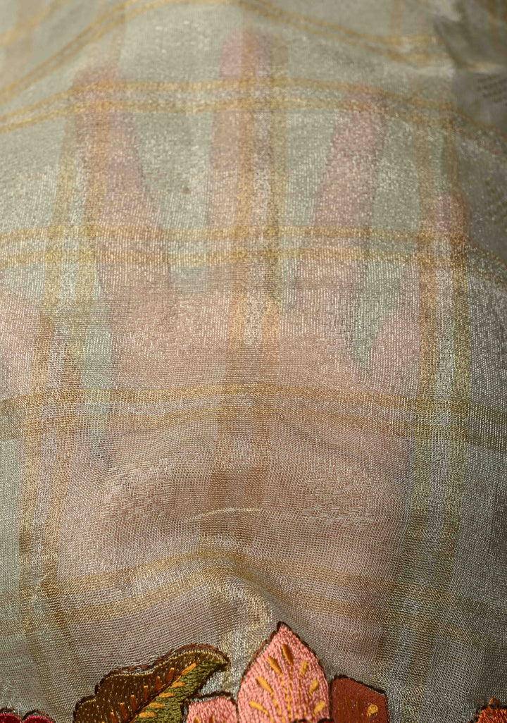 Gray Vegan Organza Tissue Saree with Checks and Multi Color Thread Embroidery Border