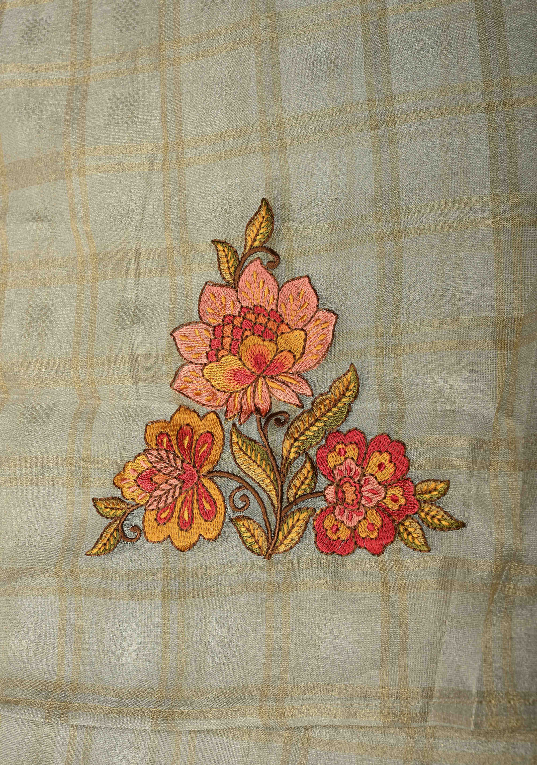 Gray Vegan Organza Tissue Saree with Checks and Multi Color Thread Embroidery Border