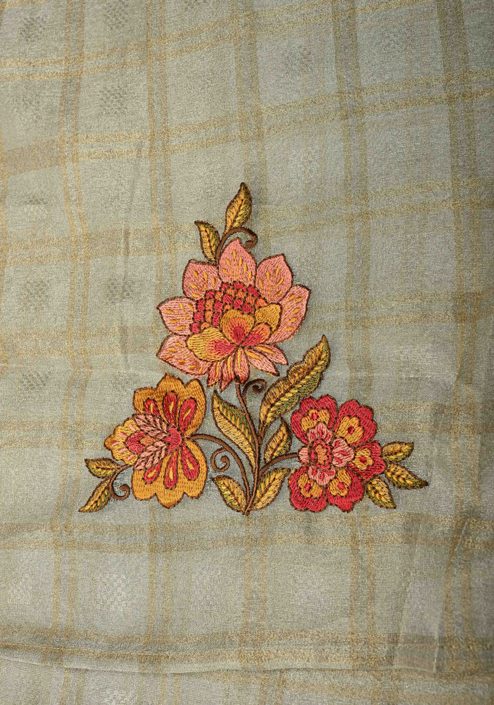 Gray Vegan Organza Tissue Saree with Checks and Multi Color Thread Embroidery Border