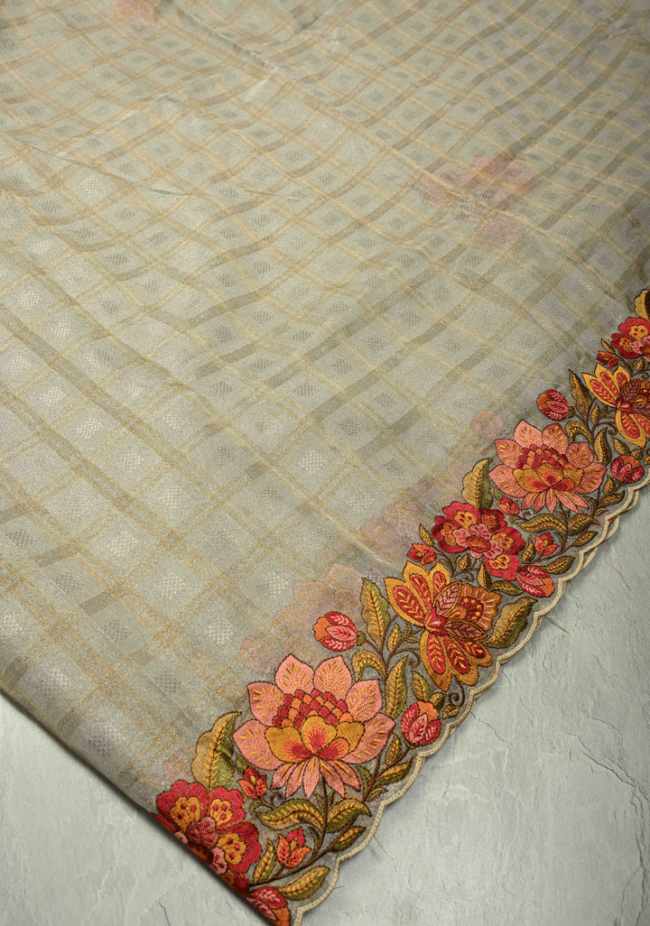 Gray Vegan Organza Tissue Saree with Checks and Multi Color Thread Embroidery Border