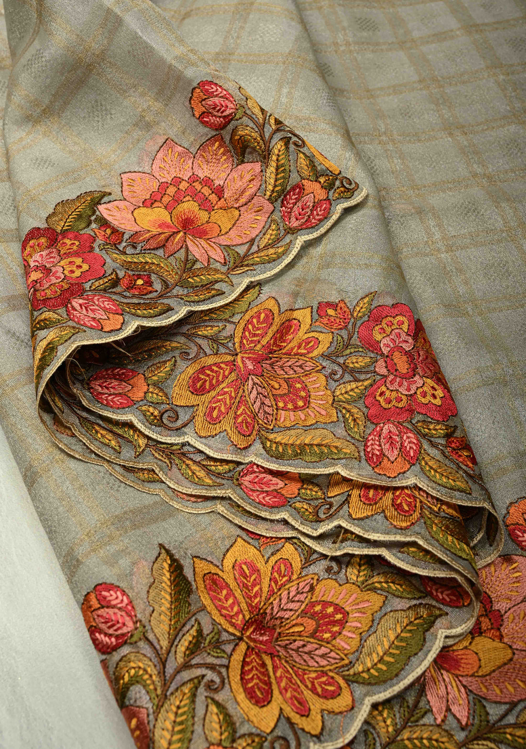 Gray Vegan Organza Tissue Saree with Checks and Multi Color Thread Embroidery Border