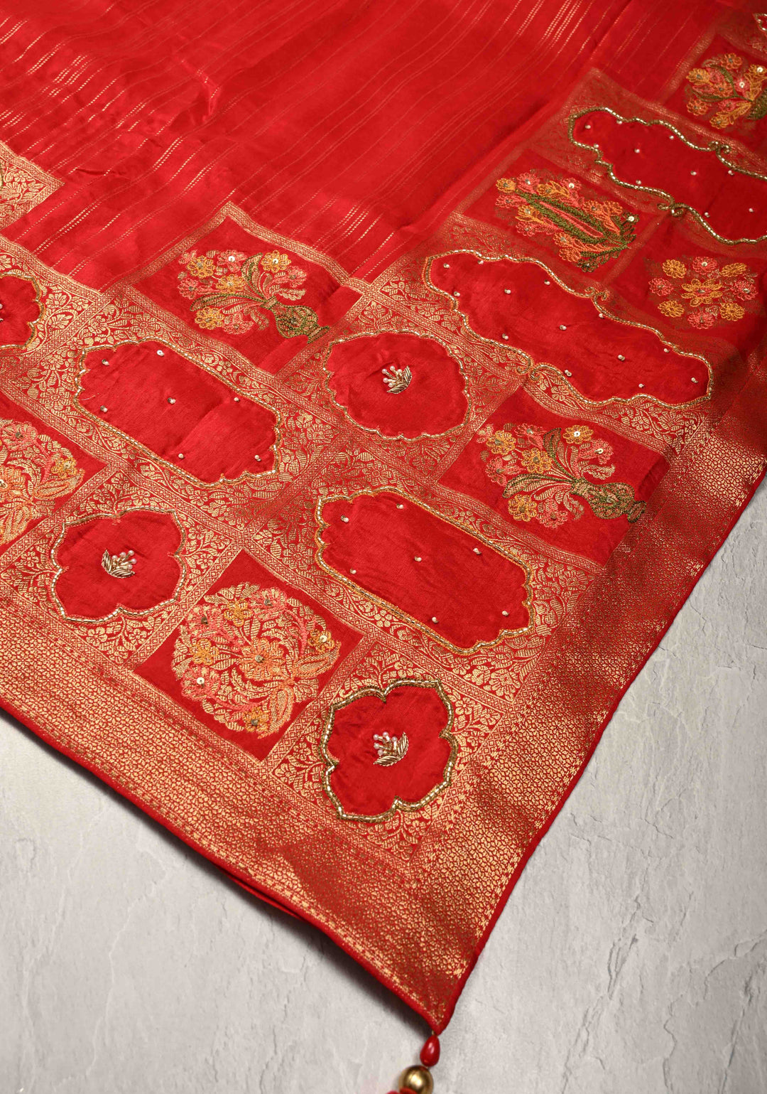 Bright Red Vegan Soft Silk Saree with Jharokha-Inspired Pattern Border