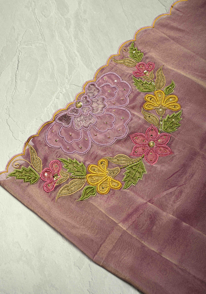 Dark Mauve Vegan Organza Tissue Saree with Applique-Moti, Sequins Hand Embroidery and Scallop Border ,No Blouse piece