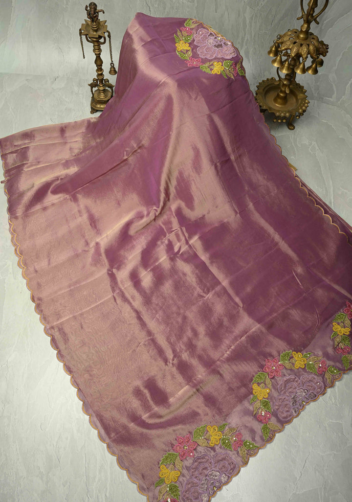Dark Mauve Vegan Organza Tissue Saree with Applique-Moti, Sequins Hand Embroidery and Scallop Border ,No Blouse piece