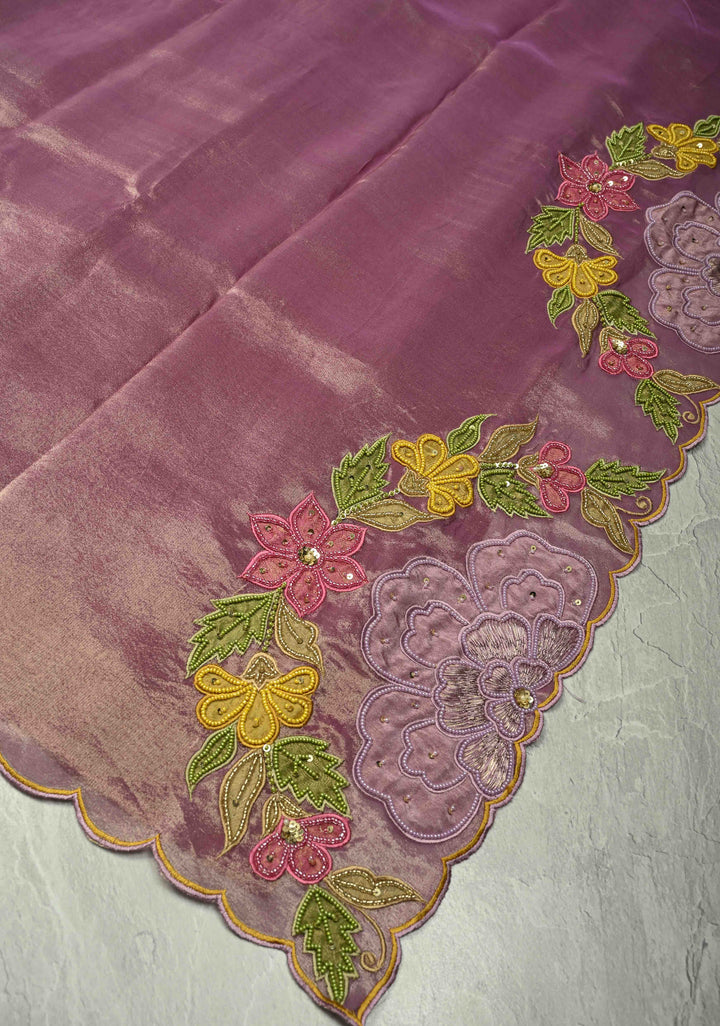 Dark Mauve Vegan Organza Tissue Saree with Applique-Moti, Sequins Hand Embroidery and Scallop Border ,No Blouse piece