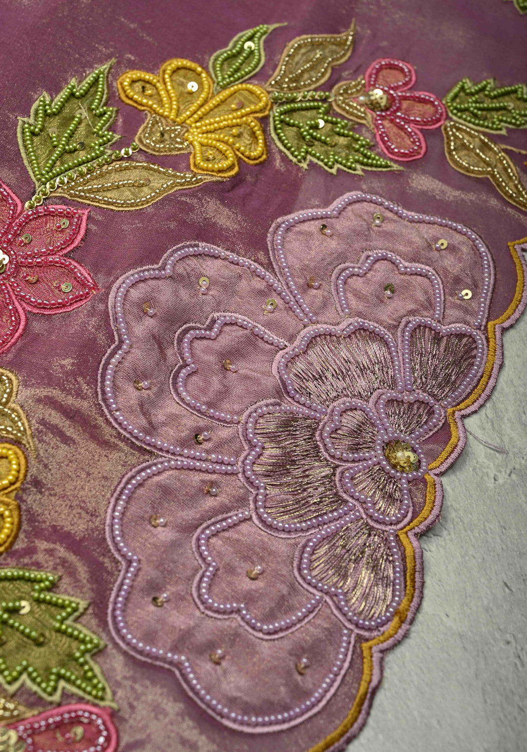 Dark Mauve Vegan Organza Tissue Saree with Applique-Moti, Sequins Hand Embroidery and Scallop Border ,No Blouse piece