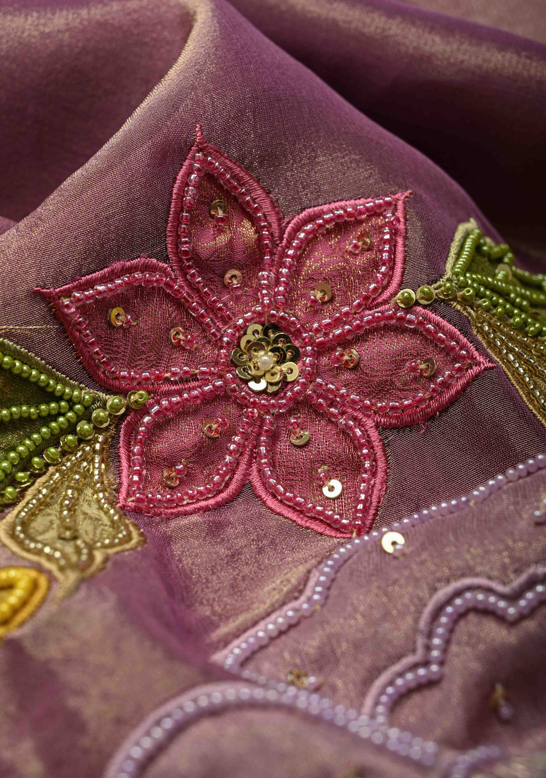 Dark Mauve Vegan Organza Tissue Saree with Applique-Moti, Sequins Hand Embroidery and Scallop Border ,No Blouse piece