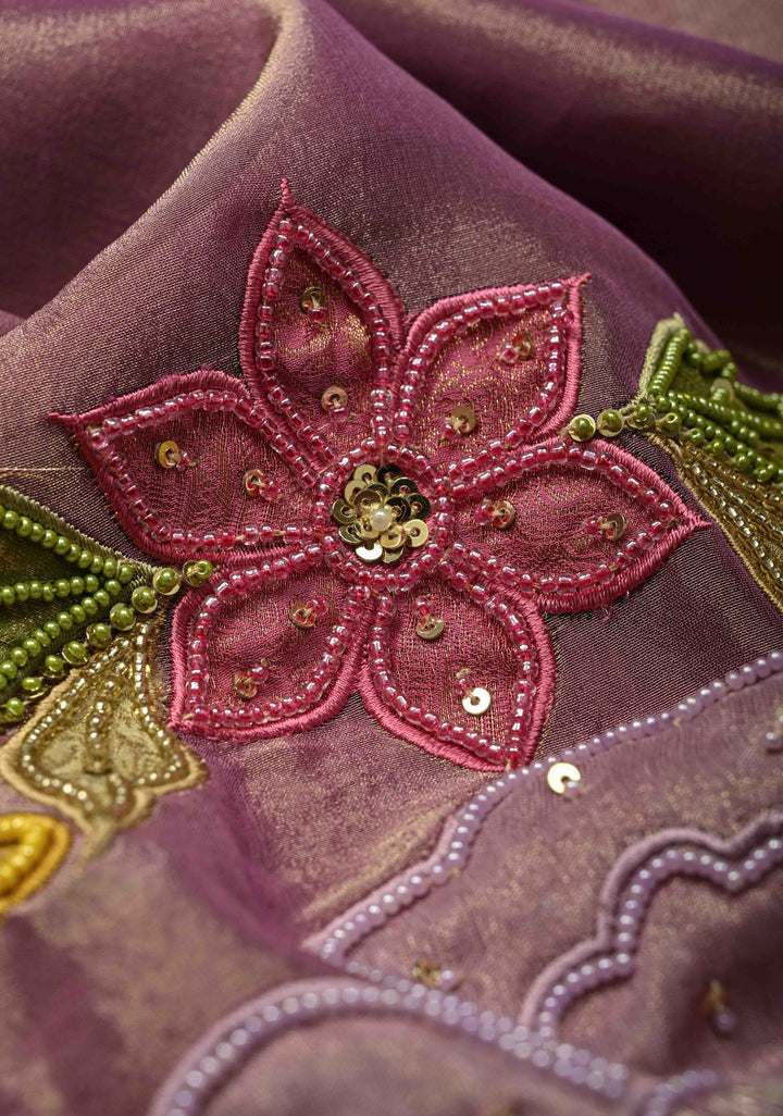 Dark Mauve Vegan Organza Tissue Saree with Applique-Moti, Sequins Hand Embroidery and Scallop Border ,No Blouse piece