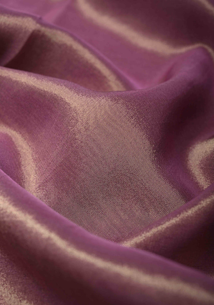 Dark Mauve Vegan Organza Tissue Saree with Applique-Moti, Sequins Hand Embroidery and Scallop Border ,No Blouse piece