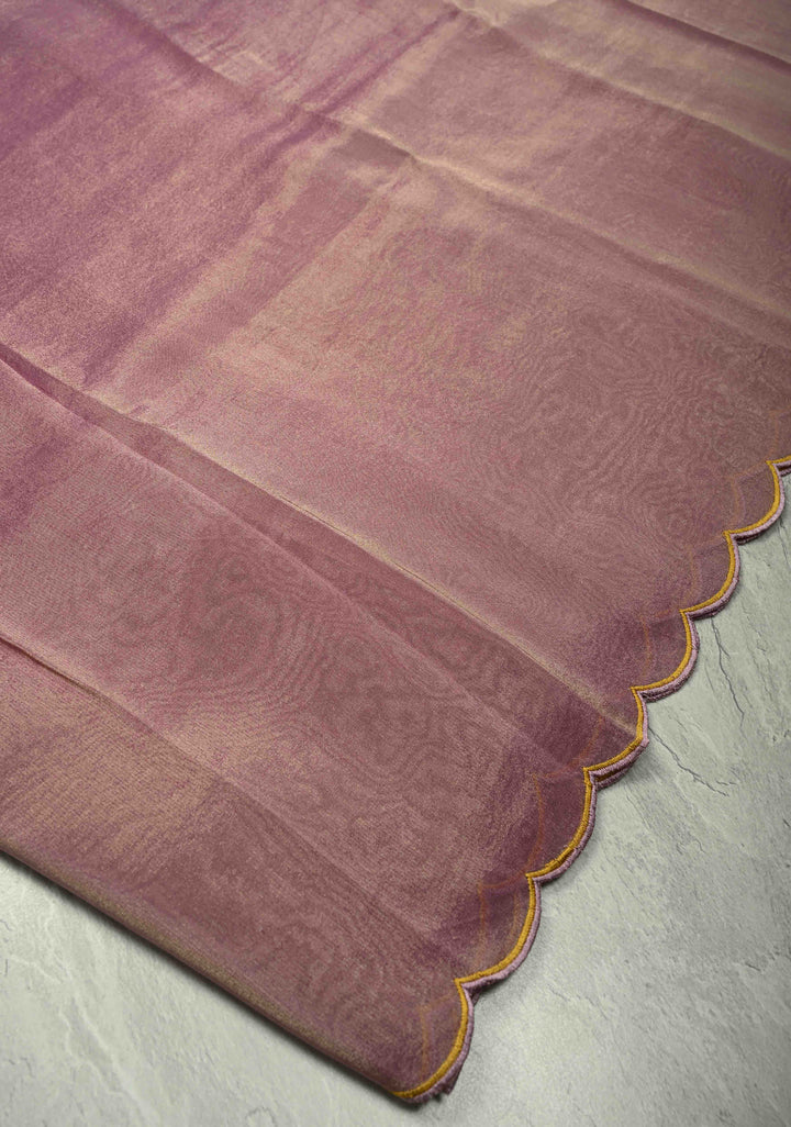Dark Mauve Vegan Organza Tissue Saree with Applique-Moti, Sequins Hand Embroidery and Scallop Border ,No Blouse piece