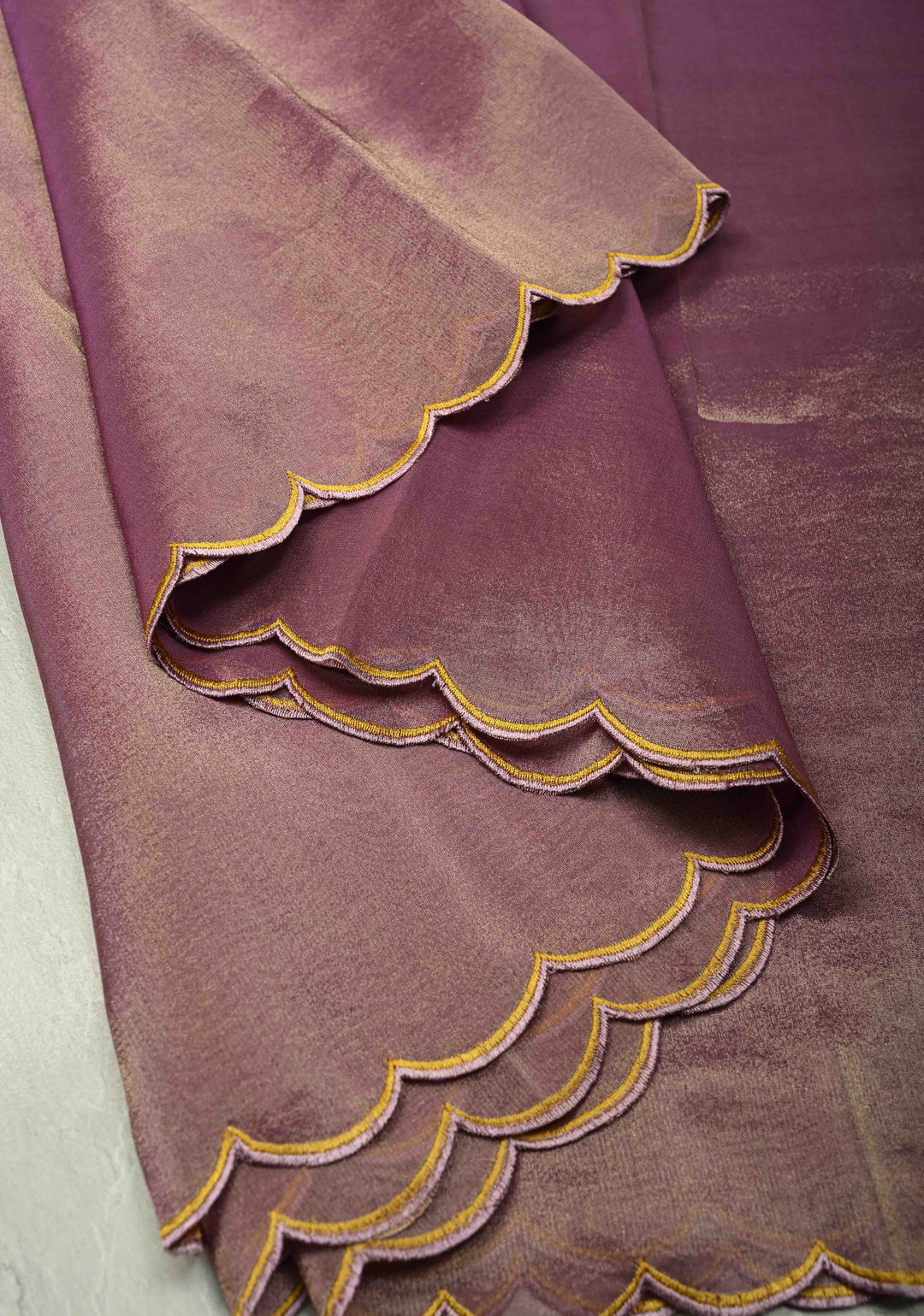 Dark Mauve Vegan Organza Tissue Saree with Applique-Moti, Sequins Hand Embroidery and Scallop Border ,No Blouse piece