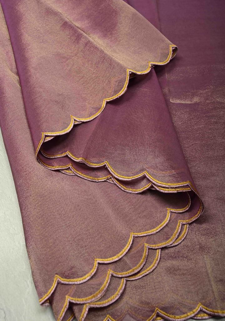 Dark Mauve Vegan Organza Tissue Saree with Applique-Moti, Sequins Hand Embroidery and Scallop Border ,No Blouse piece