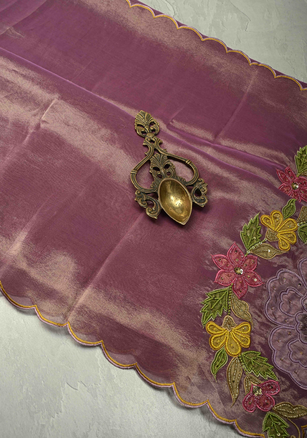 Dark Mauve Vegan Organza Tissue Saree with Applique-Moti, Sequins Hand Embroidery and Scallop Border ,No Blouse piece