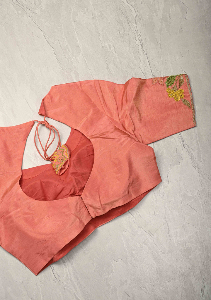 Rose Pink Vegan Organza Tissue Saree with Applique-Moti, Sequins Hand Embroidery and Scallop Border