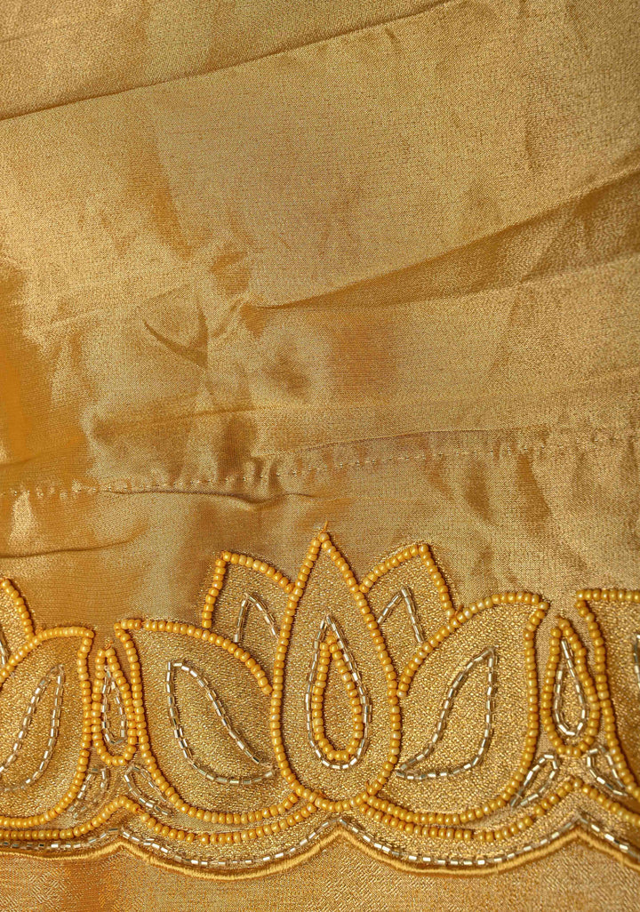 Mustard Yellow Vegan Organza Tissue Saree with Hand Embroidery Border