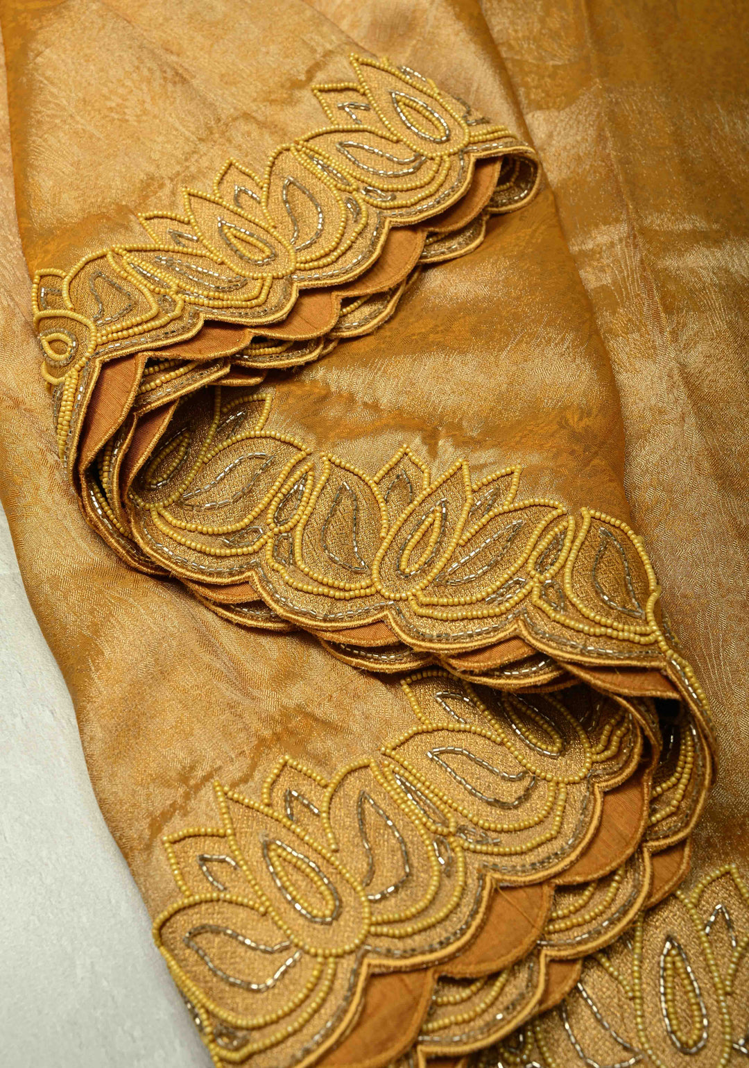 Mustard Yellow Vegan Organza Tissue Saree with Hand Embroidery Border