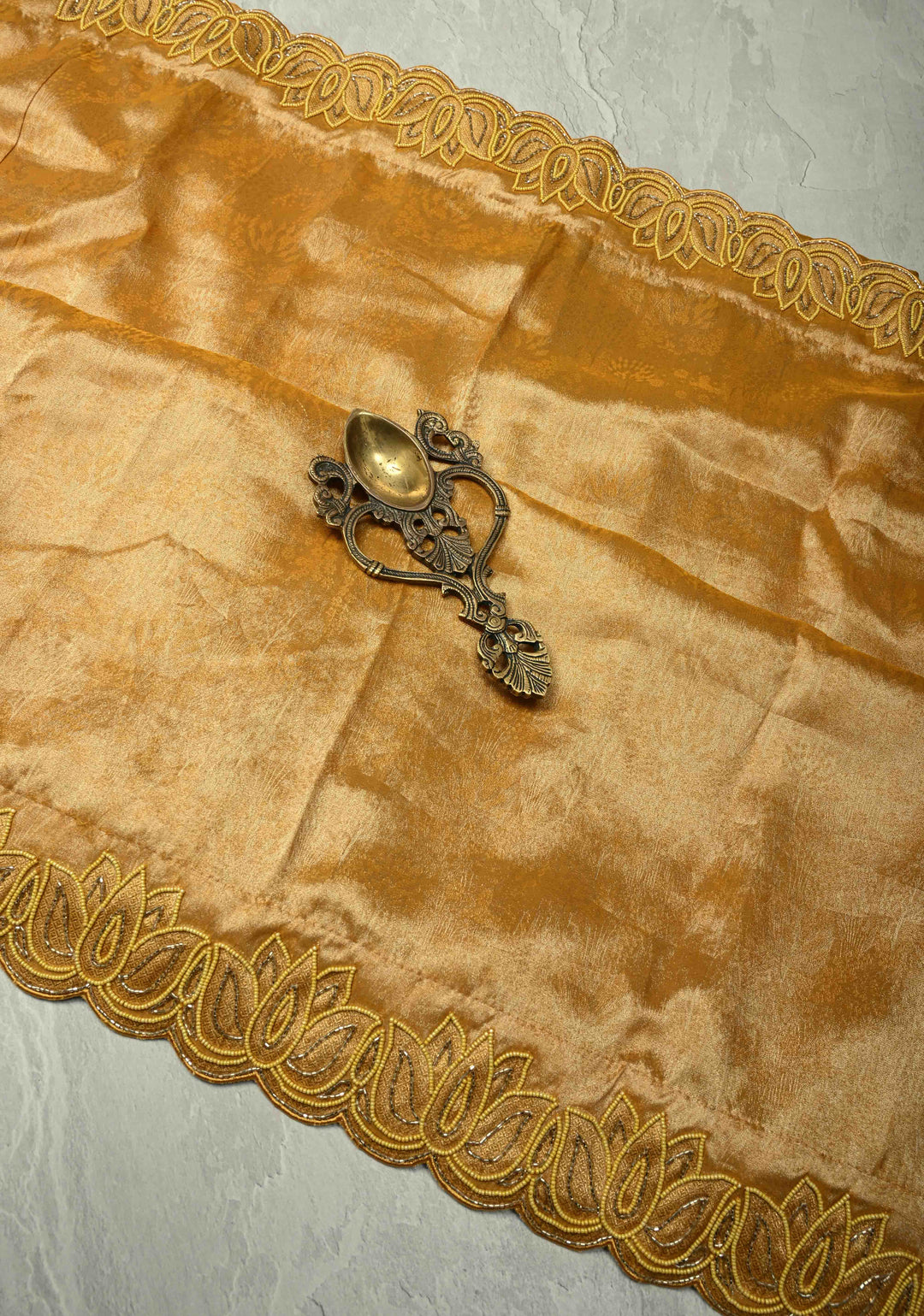 Mustard Yellow Vegan Organza Tissue Saree with Hand Embroidery Border