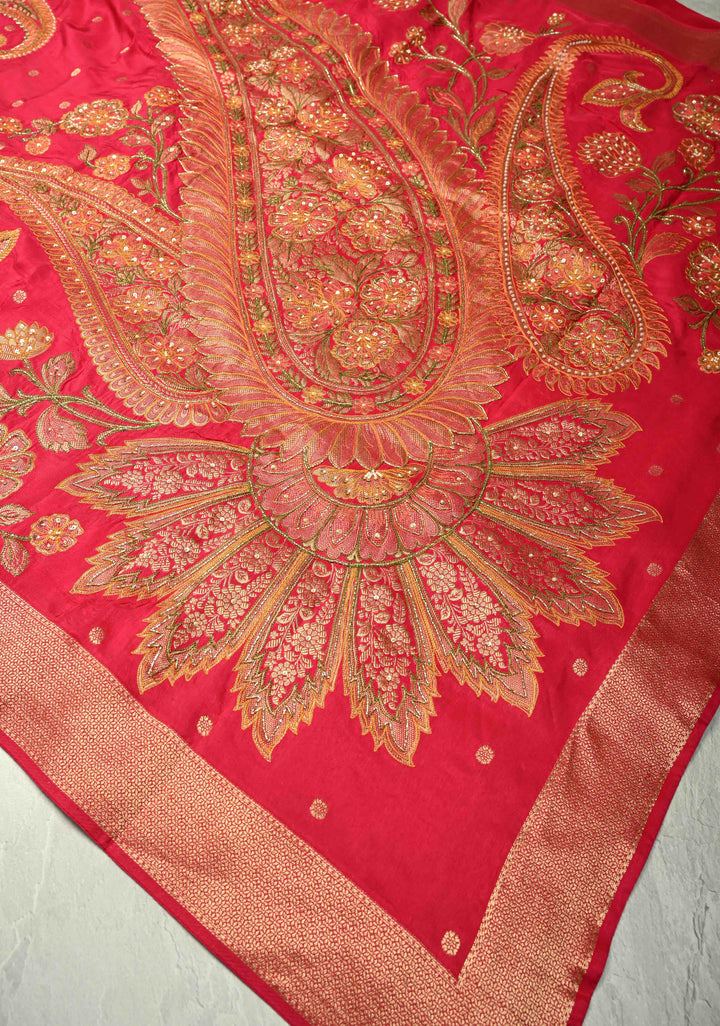 Rani Pink Vegan Soft Silk Saree with Paisley Motifs- Moti, Cutdana work and Zari Border
