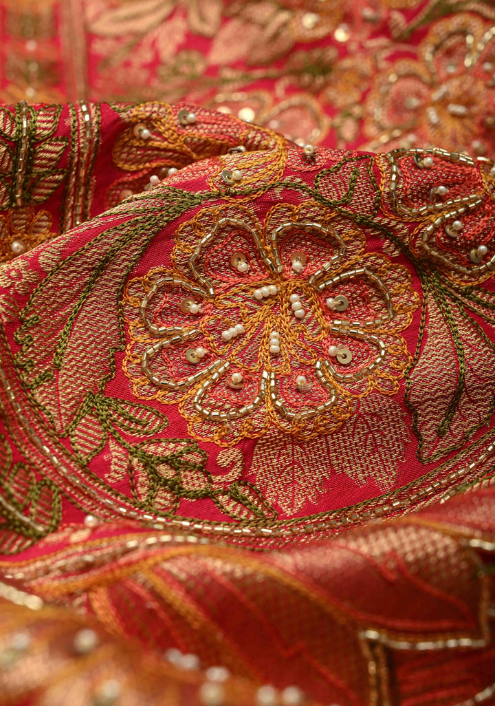 Rani Pink Vegan Soft Silk Saree with Paisley Motifs- Moti, Cutdana work and Zari Border