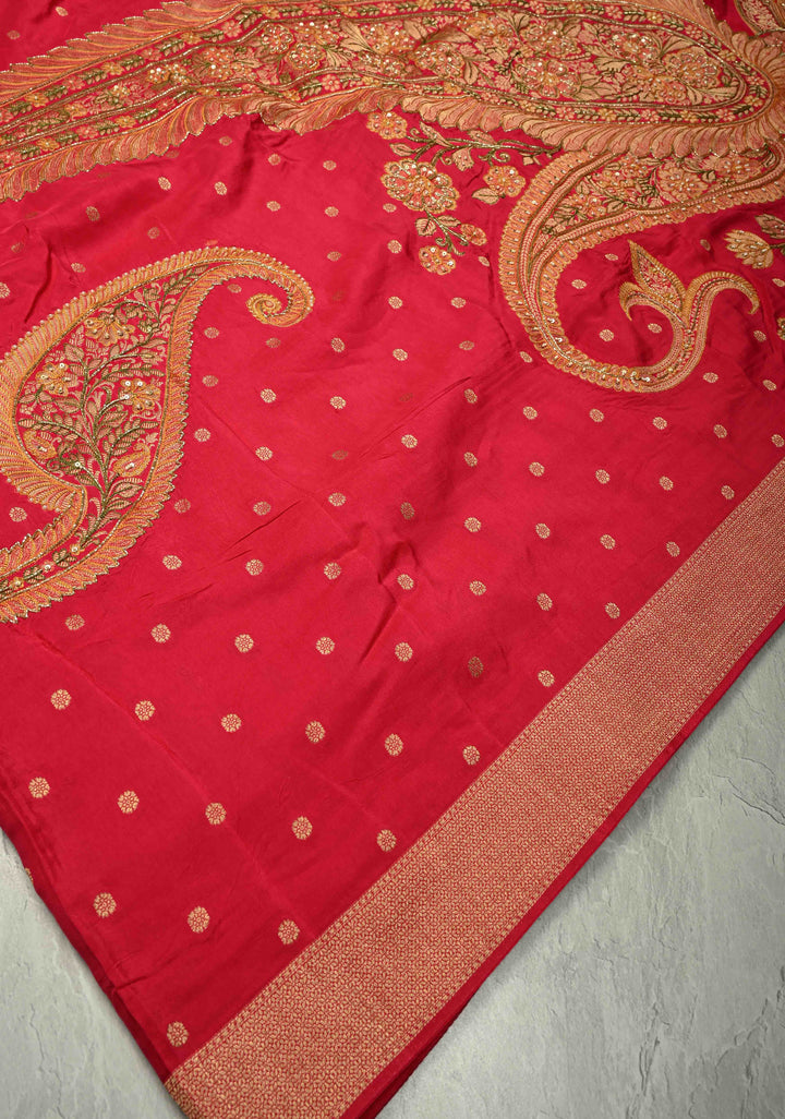 Rani Pink Vegan Soft Silk Saree with Paisley Motifs- Moti, Cutdana work and Zari Border
