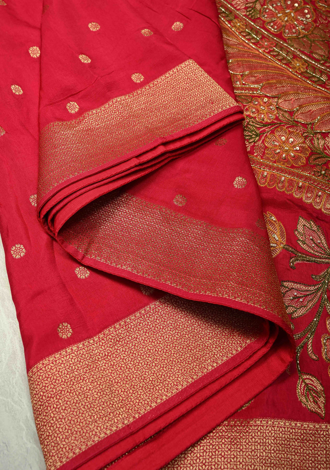 Rani Pink Vegan Soft Silk Saree with Paisley Motifs- Moti, Cutdana work and Zari Border