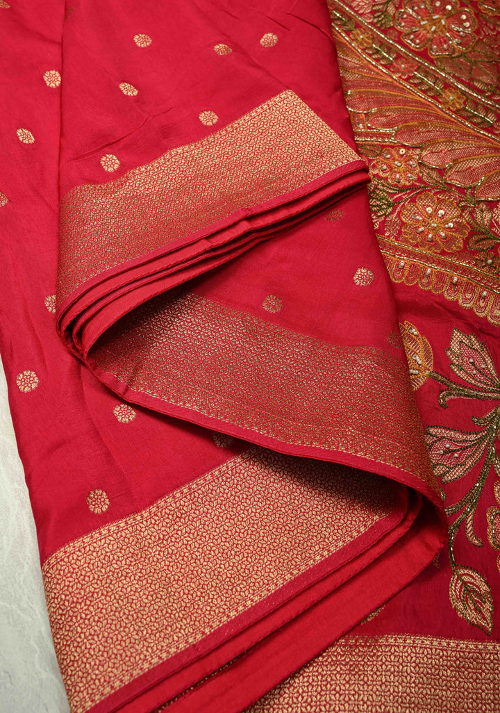 Rani Pink Vegan Soft Silk Saree with Paisley Motifs- Moti, Cutdana work and Zari Border
