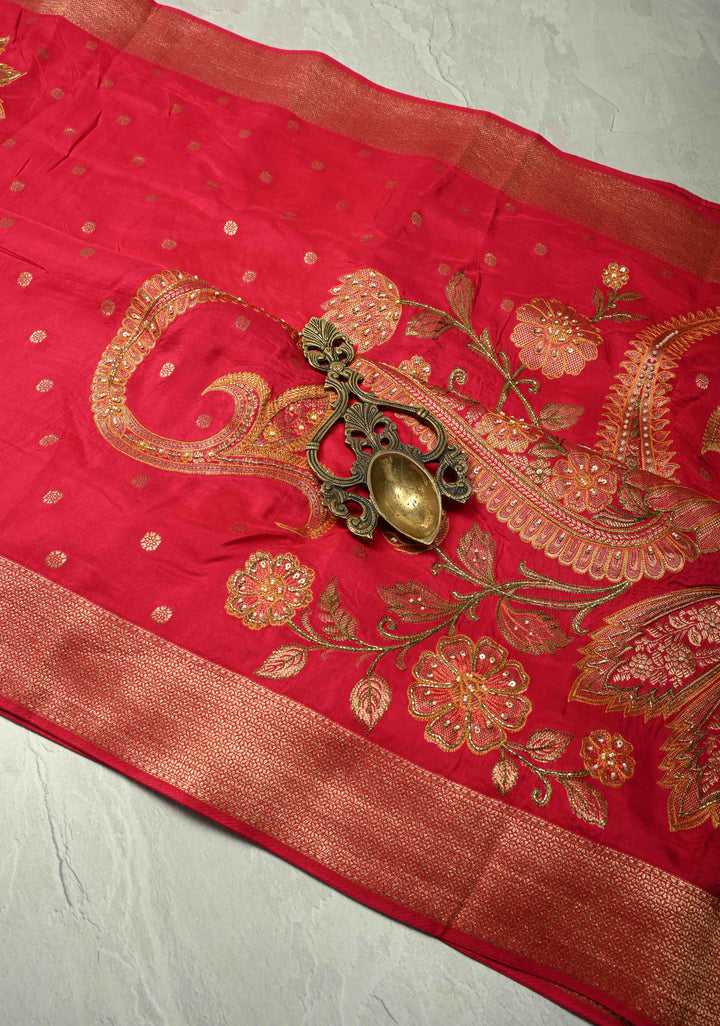 Rani Pink Vegan Soft Silk Saree with Paisley Motifs- Moti, Cutdana work and Zari Border