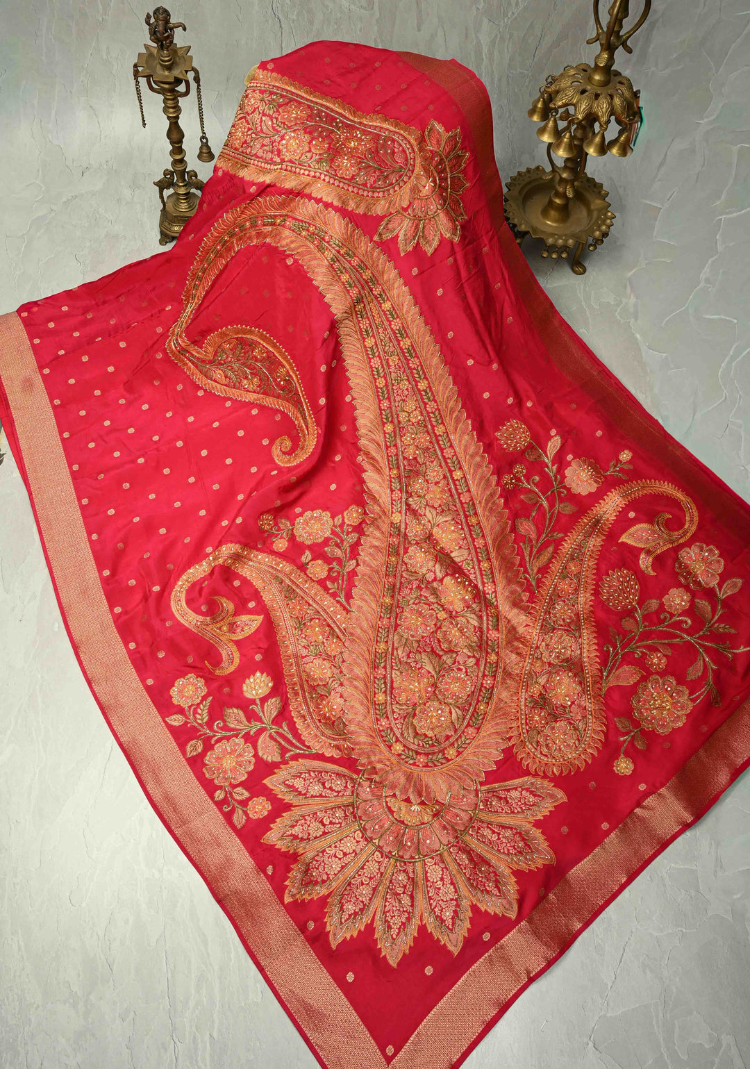 Rani Pink Vegan Soft Silk Saree with Paisley Motifs- Moti, Cutdana work and Zari Border