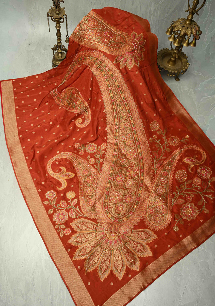 Burnt Orange Vegan Soft Silk Saree with Paisley Motifs- Moti, Cutdana work and Zari Border